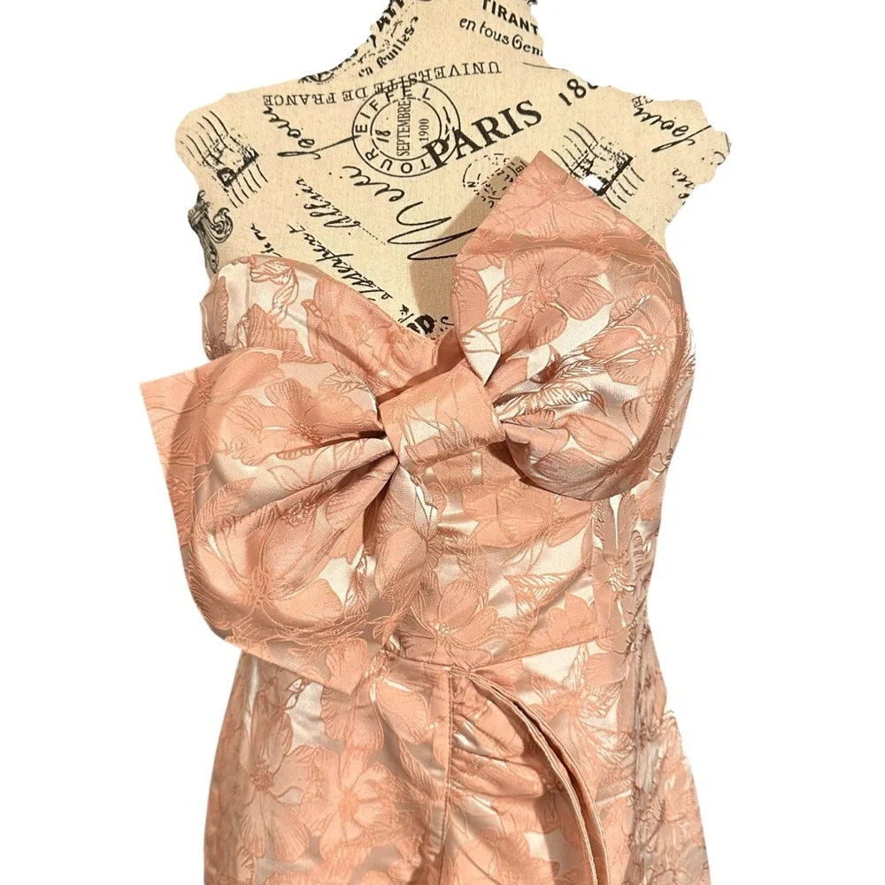 Storia Strapless Mini Dress Medium Pink Floral Jacquard Statement Bow Ruffle NWT - Picture 8 of 16
